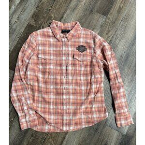 HARLEY DAVIDSON peach/Pink  M.C. Club Milwaukee WI Flannel Shirt L Embroidered